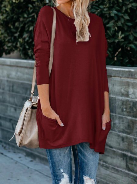 

Long Sleeve Cotton-Blend Shirts & Tops, Wine red, T-shirts
