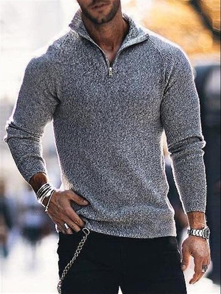 

Colletto Rialzato Casuale Misto Lana Solido Maglione, Grigio, Men's Top