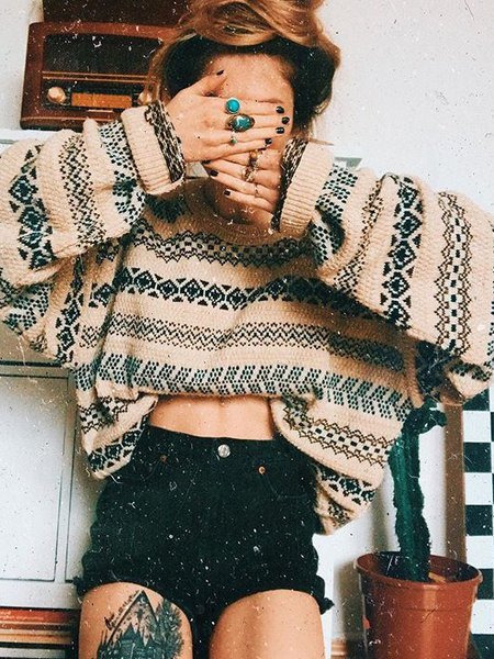 

Crew Neck Cotton-Blend Long Sleeve Sweater, Beige, Sweaters