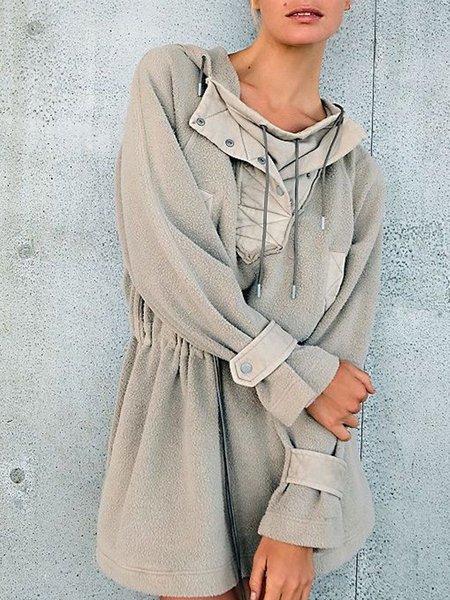 

Long Thickened Hooded Coat With Adjustable Waist, Light gray, Coats