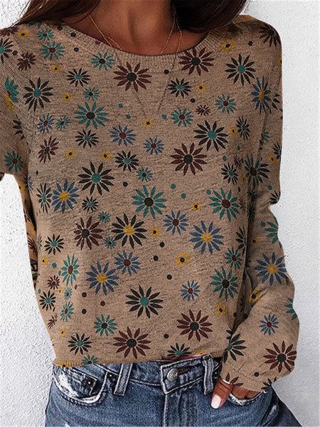 Gray Floral Floral-Print Long Sleeve Crew Neck Sweater, Sweaters