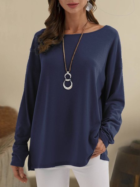 

Purplish Blue Crew Neck Shift Long Sleeve Solid Top, Hoodies and Sweatshirts