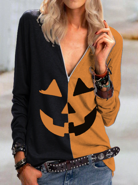

Black-Orange Knitted V Neck Casual Shirts & Tops, Tops