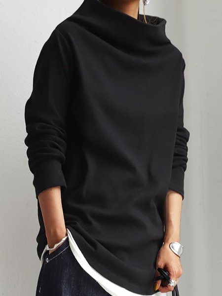 

Black Cotton-Blend Casual Tops, Long sleeve tops