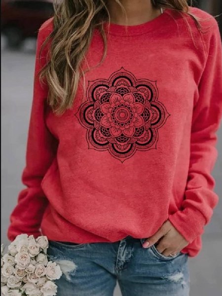 Crew Neck Long Sleeve Floral Floral-Print Sweatshirt, Red, Tops
