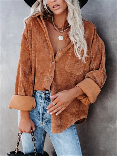 

Corduroy Shawl Collar Solid Casual Blouse, Camel, Shirts & Blouses