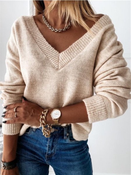 

Maniche Lunghe Casuale Scollo a V Maglione, Albicocca, Knitwear
