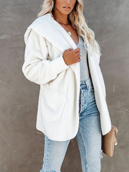 

Casual Long Sleeve Solid Plush Jacket, White, Coats
