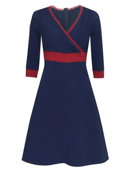 

Vintage Long Sleeve Polka Dots Printed V Neck Plus Size Casual Dresses, Navy blue, Dresses