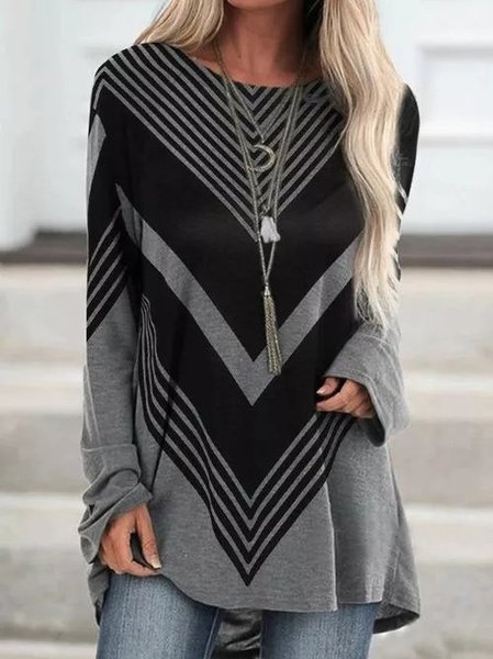 

Printed Cotton-Blend Long Sleeve Stripes Top, Gray, Long sleeve tops