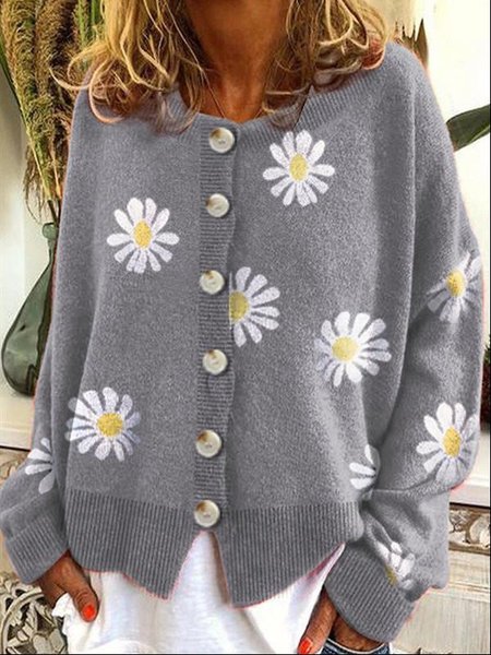 

Women Casual Floral Autumn V neck Natural Long sleeve Loose Cotton-Blend Regular Sweater, Gray, Sweaters & Cardigans