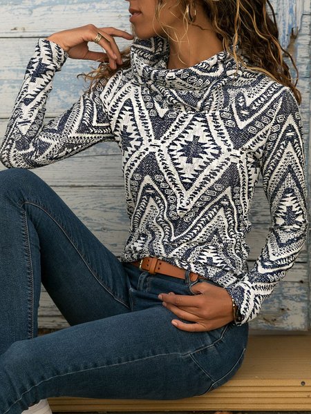 

Beige Casual Turtleneck Geometric Floral-Print Sweatshirt, Hoodies & Sweatshirts