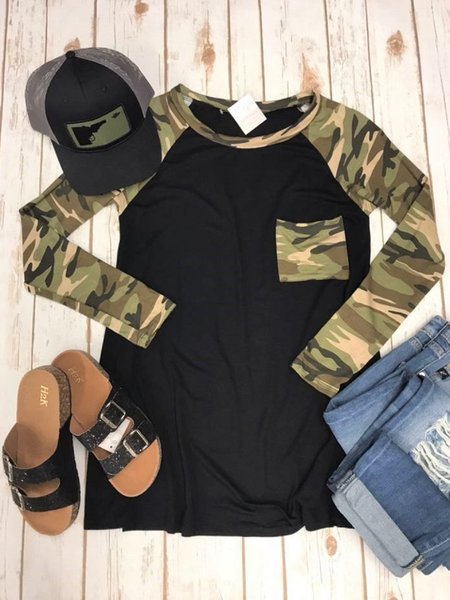 

Black Crew Neck Camo Long Sleeve Shift T-shirt, Tops