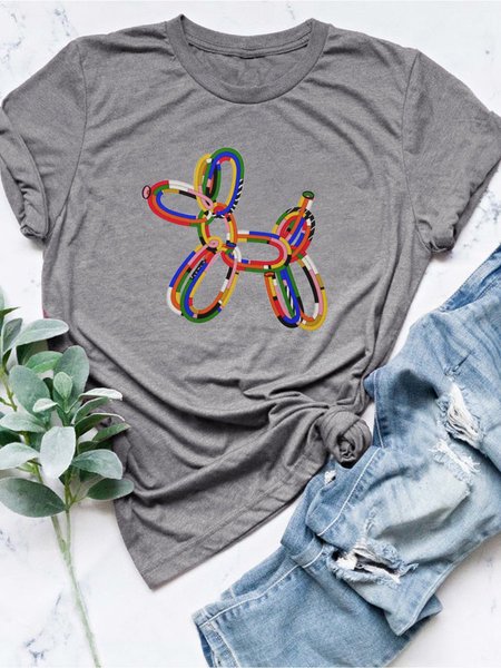 

Print Round Neck Casual Loose T-shirt, Gray, Hoodies&Sweatshirts