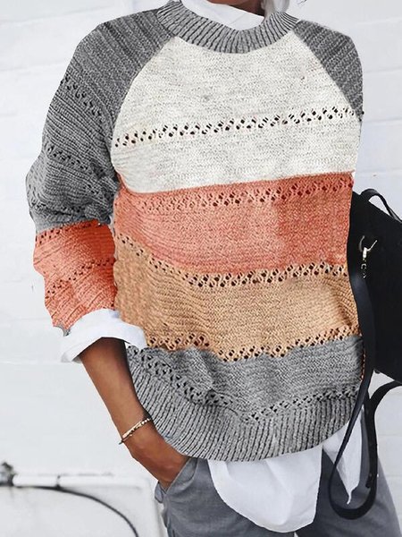 

Long Sleeve Crew Neck Stripes Cotton-Blend Sweater, Multicolor, Sweaters