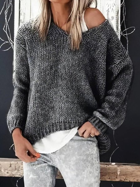 

Solid V Neck Cotton-Blend Long Sleeve Sweater, Deep gray, Sweaters