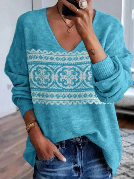 

Cotton-Blend V Neck Casual Sweater, Blue, Sweaters