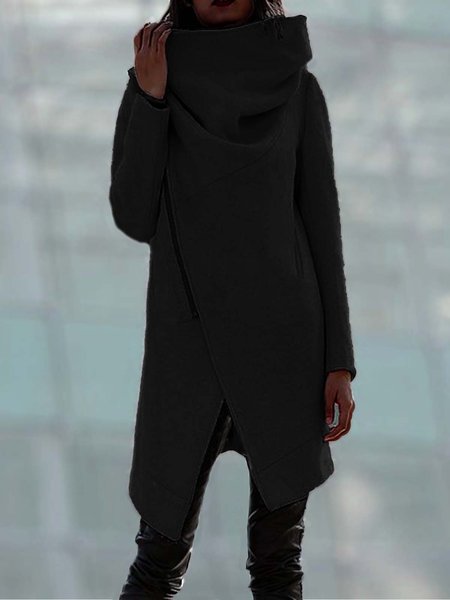 

Turtleneck Long Sleeve Zipper Overcoat, Black, Coats
