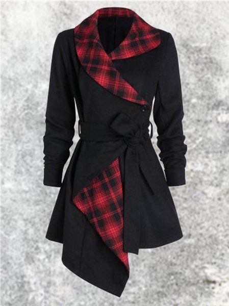 

Checkered/plaid Paneled Cotton-Blend Long Sleeve Trench coat, Black, Trench Coats
