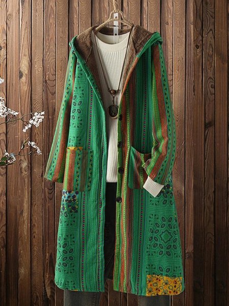 

Striped Cotton-Blend Long Sleeve Jacket, Green, Coats