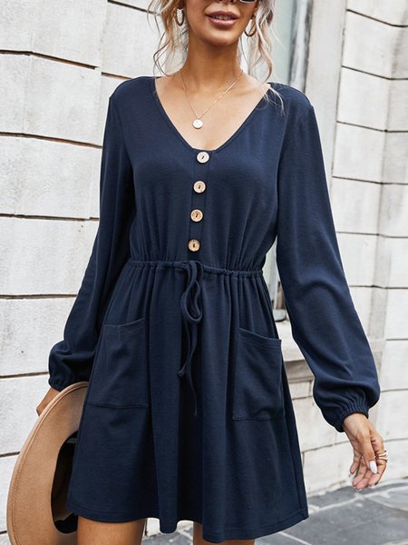 

V Neck Daily Pockets Casual Mini Dress, Navyblue, Mini Dresses