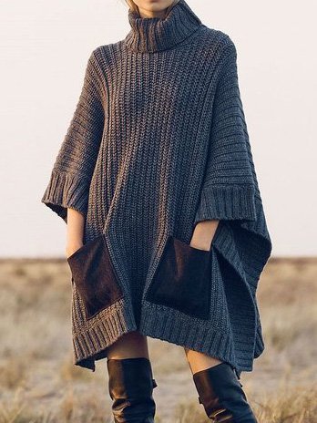 

Solid Long Sleeve Turtleneck Sweater, Dark gray, Sweaters