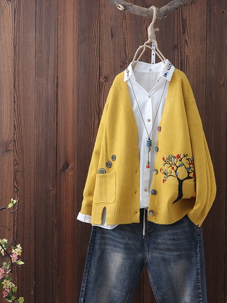 Cotton Floral V Neck Long Sleeve Fleece Coat, Yellow, Cardigans