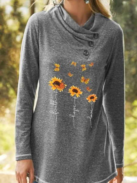 

Vintage Statement Lettere Girasoli Farfalle Stampato Maniche Lunghe Casuale Top, Grigio, Blouses & Shirts