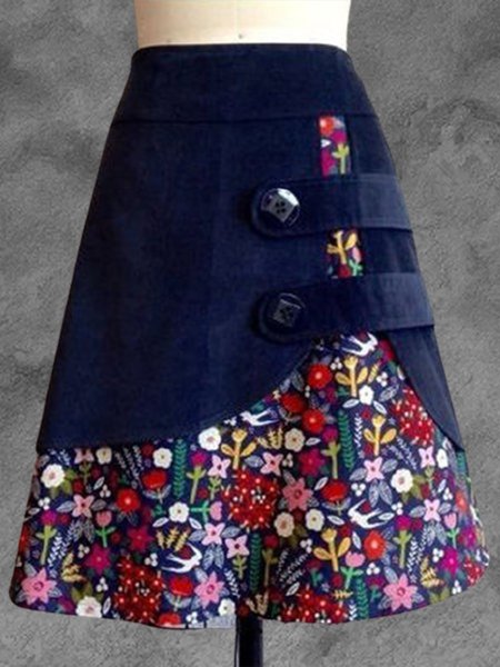 

Blu scuro Stampato Floreale A-line Vintage Casuale Mini Gonna, Skirts