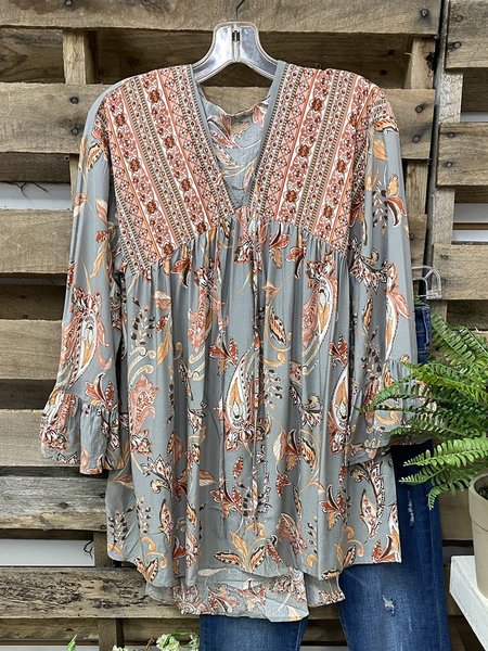 

Multicolor Casual V Neck Tops, Long sleeve tops