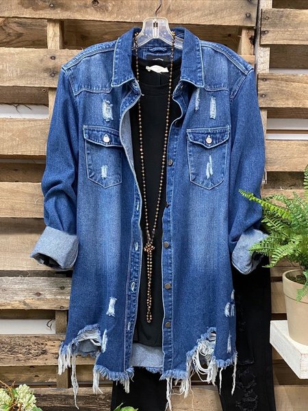 

Deep Blue Denim Casual Plain Shirt Collar Denim Jacket, Jackets