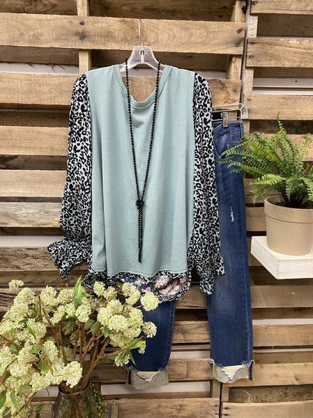 

Blue Cotton-Blend Leopard Shift Long Sleeve Top, Long sleeve tops