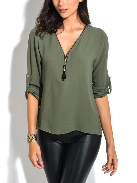 

Army Green Shift V Neck Casual Solid Tops, Auto-clearance