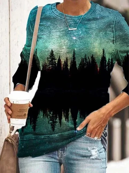 

Vintage Long Sleeve Crew Neck Landscape Printed Plus Size Statement Casual Tops, As picture, Hoodies & Sweatshirts