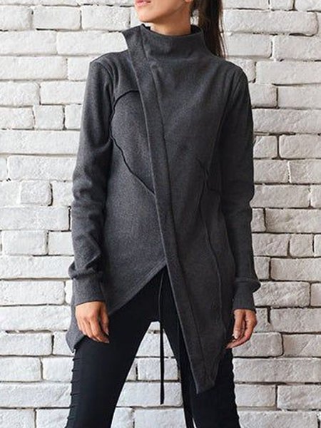 

Deep Gray Stand Collar Long Sleeve Shift Jacket, Coats
