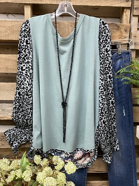 

Leopardo Dritto Maniche Lunghe Top Blu Misto Cotone, T-Shirts