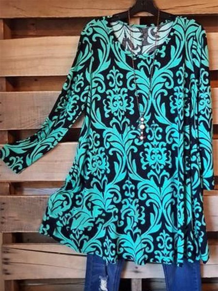 

Vintage Geometrico Stampato Taglia Grande Maniche Lunghe Girocollo Casuale Top, Blu, Blouses & Shirts