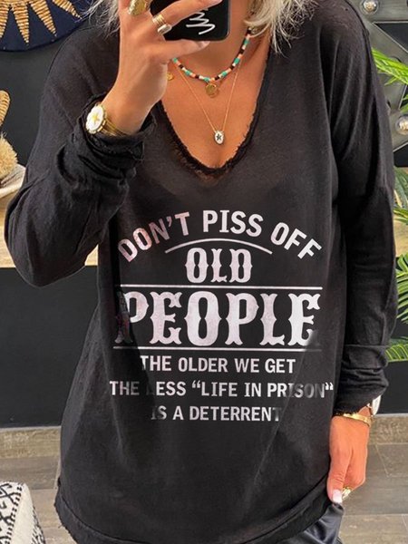 

Don't Piss Off Old People V Neck Letter Long Sleeve Top, Black, Tops