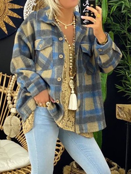 

Blue Long Sleeve Plaid Shirt Collar Jacket, Coats