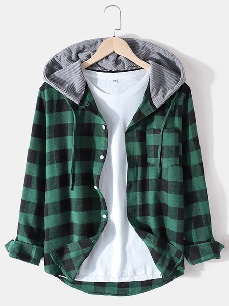 

Green Casual Plaid Hoodie Shirts & Tops, Long Sleeves Shirts