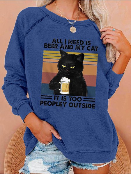 

Cat Print Round Neck Casual Loose Sweatshirt, Gray, Hoodies&Sweatshirts