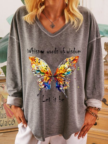 

Gray V Neck Letter Casual Cotton Sweatshirt, Hoodies&Sweatshirts