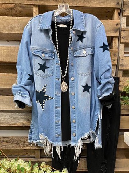 

Blue Shawl Collar Star Long Sleeve Cotton-Blend Denim Jacket, Coats