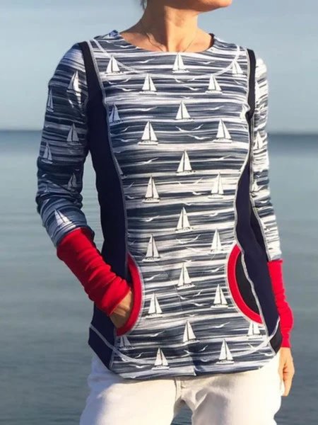 

Stampato Maniche Lunghe Girocollo Casuale Felpa, Blu marino, Hoodies & Sweatshirts