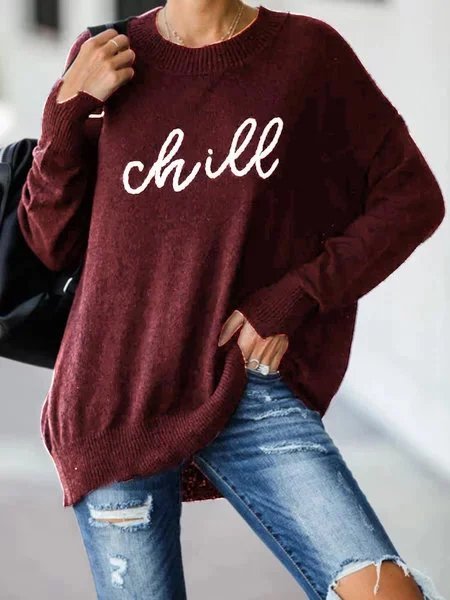 

Women Long Sleeve Black Casual Printed Knitted Sweater, Wine red, Sweaters & Cardigans