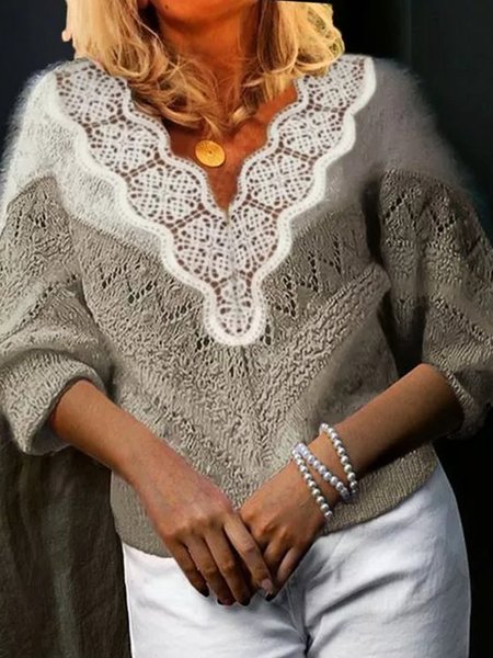

Gray Long Sleeve Paneled V Neck Casual Sweater, Cardigans & Sweaters