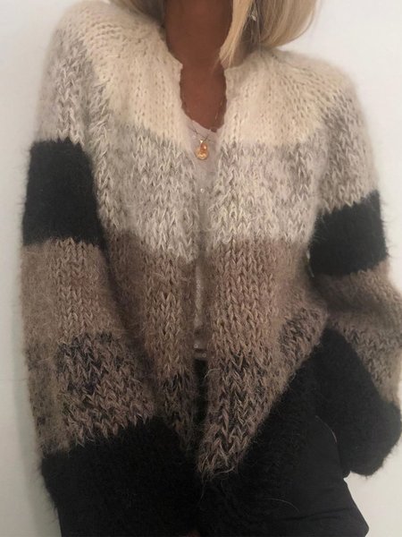 

New Women Fashion Stripes Long Sleeve Holiday Vintage Casual Sweater coat Sweater, Khaki, Cardigans