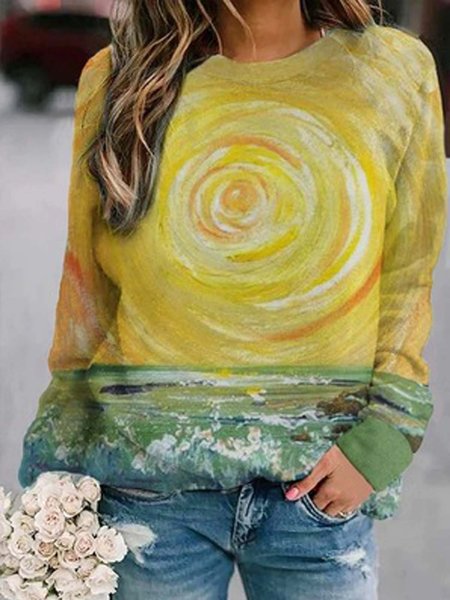 

Abstract Long Sleeve Printed Cotton-blend Crew Neck Top, Yellow, Hoodies & Sweatshirts