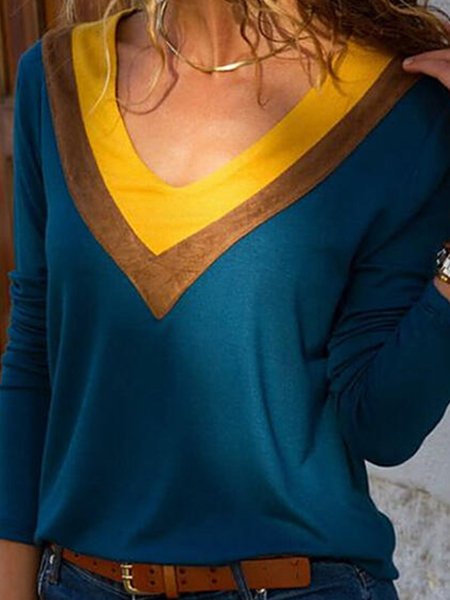 

Blue Casual V Neck Cotton Tops, Tops