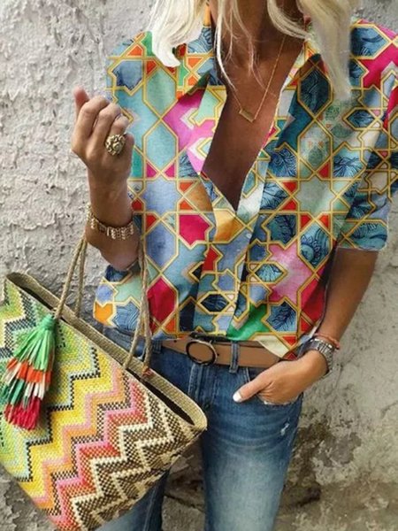 

Green Casual Shirt Collar Geometric Blouse, Shirts & Blouses